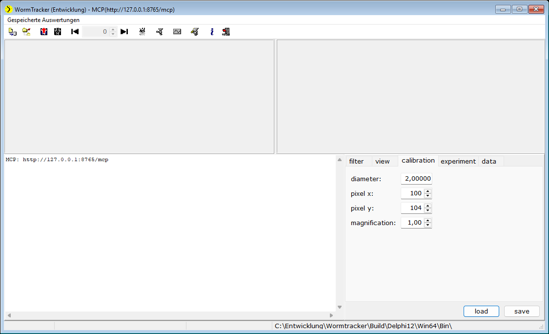 Register calibration mit diameter, pixel x, pixel y und magnification.